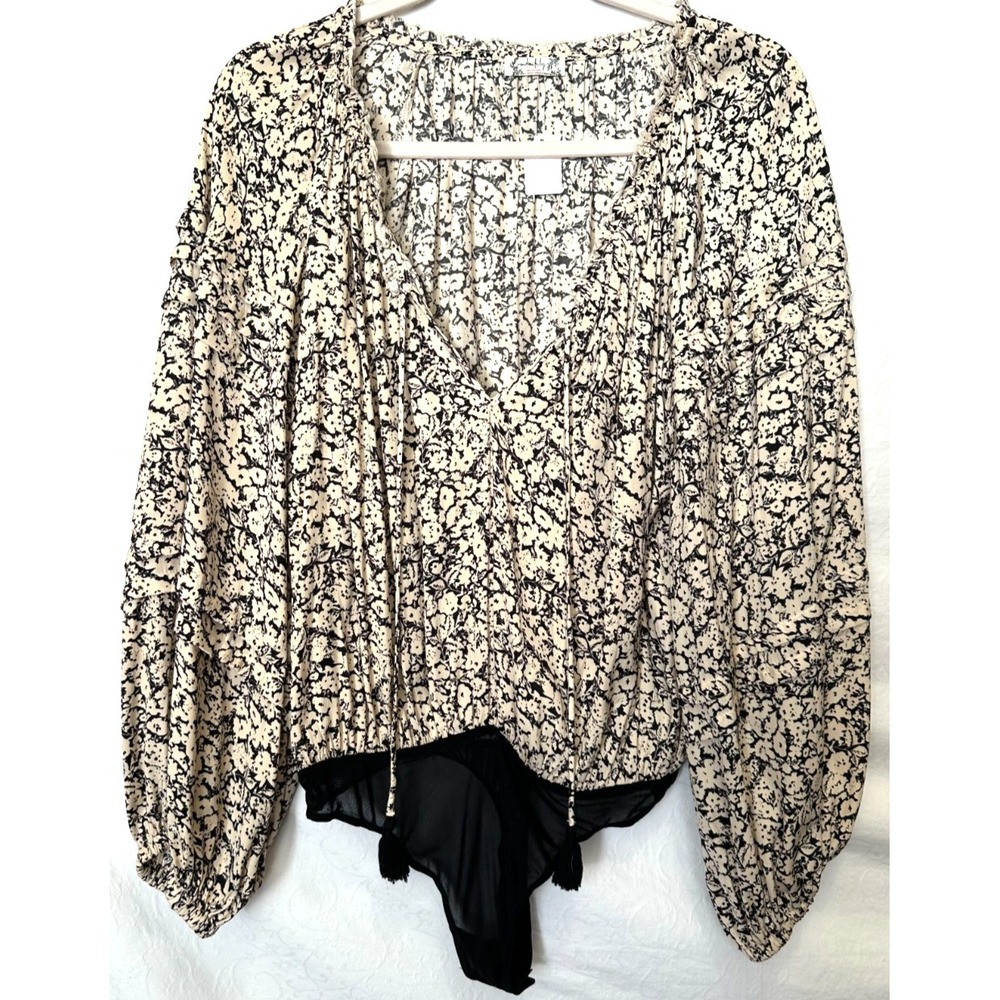 Intimately Free - Free People XS Oversized Black & White Floral Print Bodysuit